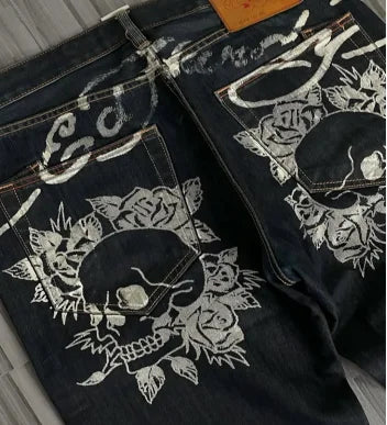 Y2K classic Gothic skull print casual straight leg high waisted pants hip-hop retro loose couple street aesthetic clothing jeans