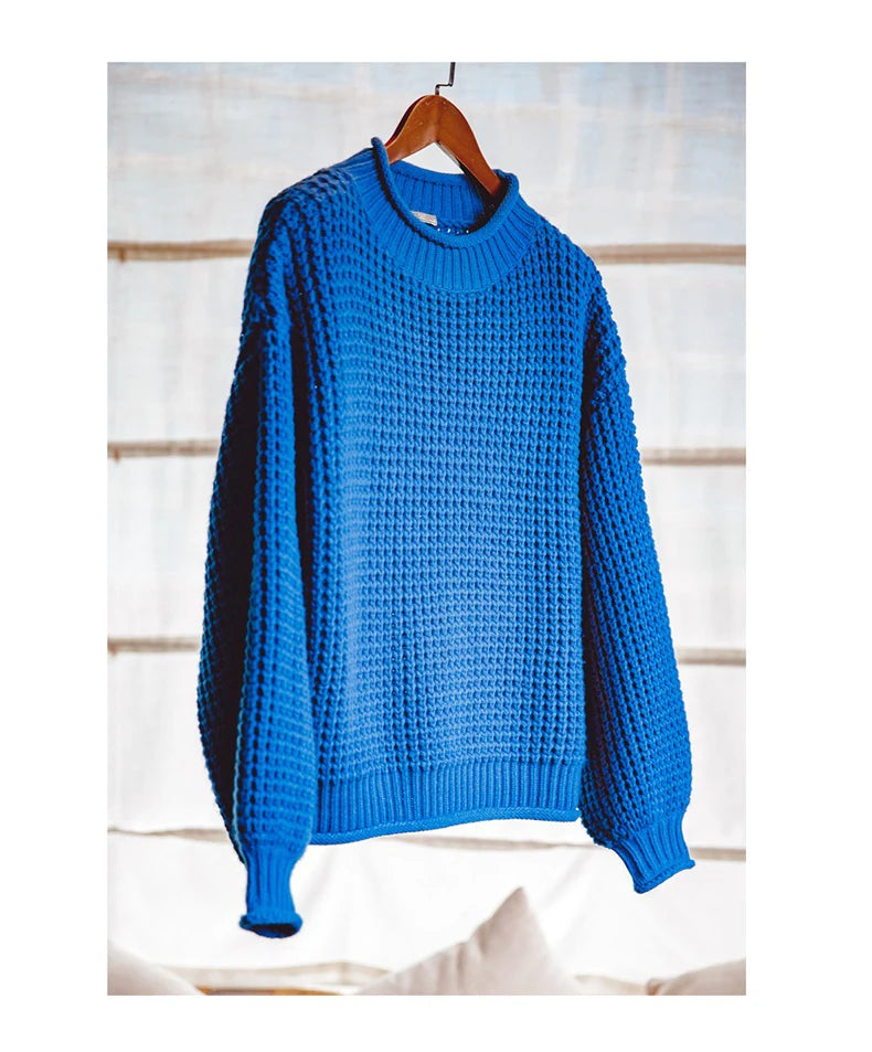 MADEN Women Cornflower Blue Knitted Sweater 2024 New Autumn Winter Long Sleeve Curled Collar Knitwear Warm Pullover Sweater