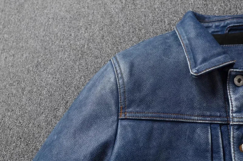 New Navy Blue Top Layer Cowhide Genuine Leather Jacket Men's Short Slim Fit Retro Motorcycle Lapel Casual Jacket Trendy