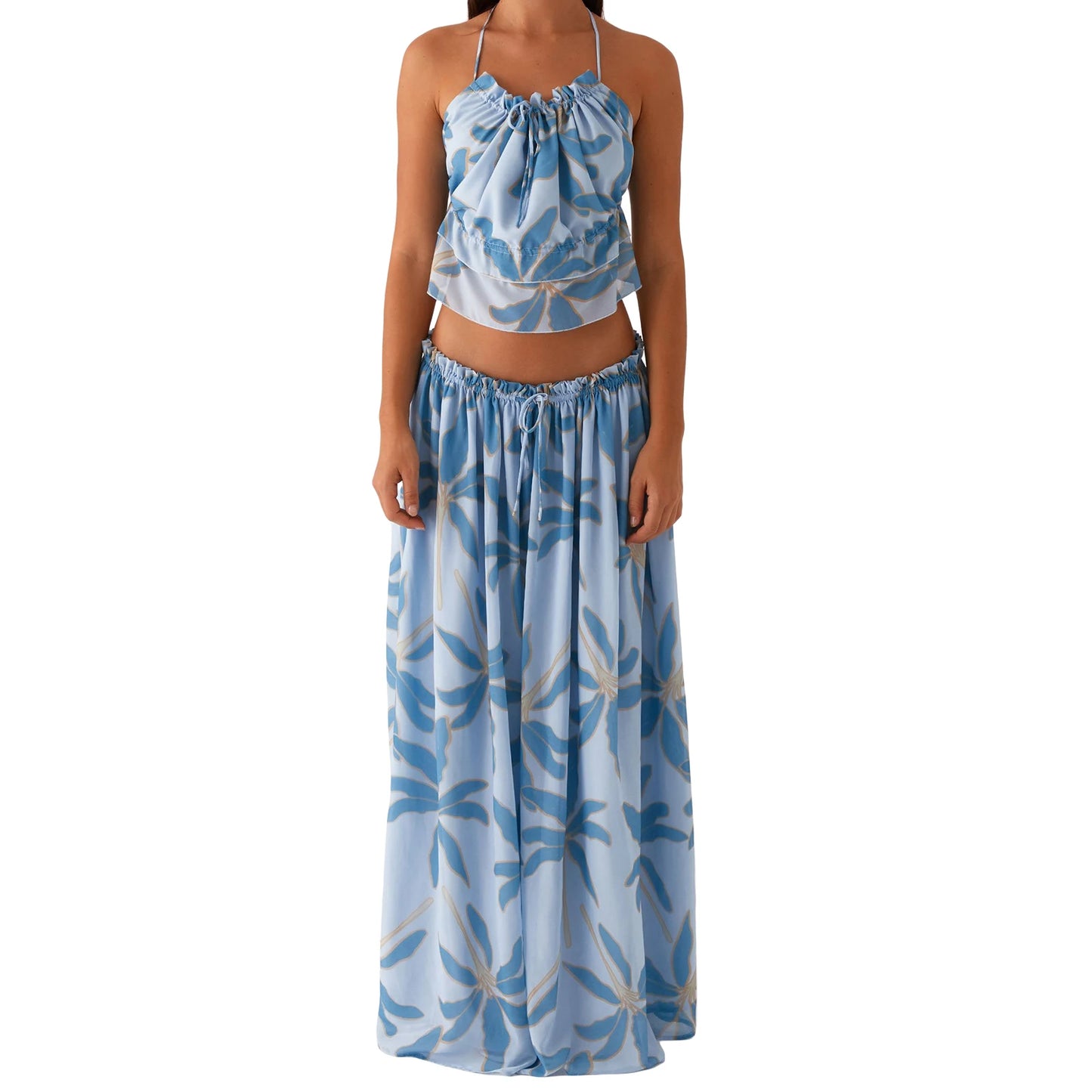 Women s Floral Print Crop Top and High Waisted Maxi Skirt Set for Summer Vacation Beachwear Outfit