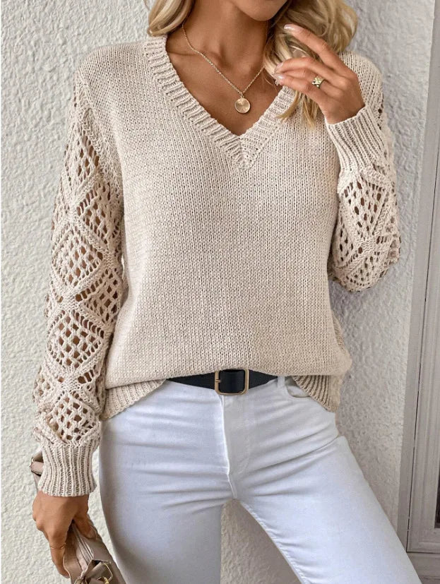Autumn And Winter Fashion V-neck Pullover Sweater Elegant Women's Casual Hollow Long Sleeve Knitted Solid Color Loose Sweater