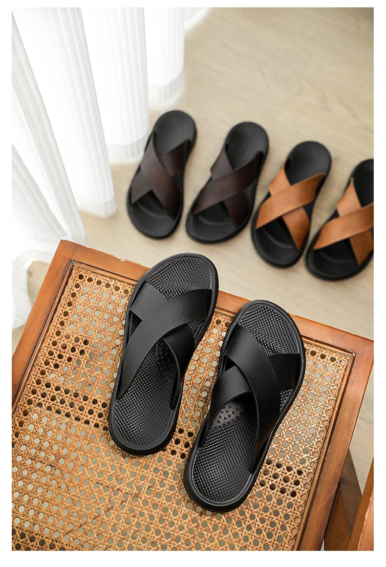 Mens Leather Slippers Comfortable Breathable Summer Big Size Sandals for Men with Soft Sole