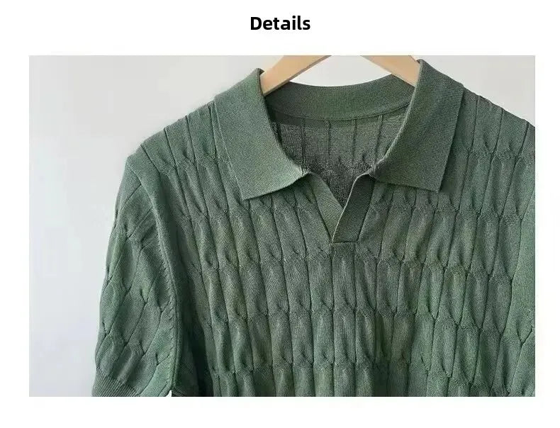 Summer New Light Maturity Knitted Polo Shirt Men's Korean Style Slim Fit Collar Pure Color Casual T-Shirt Cross-Border