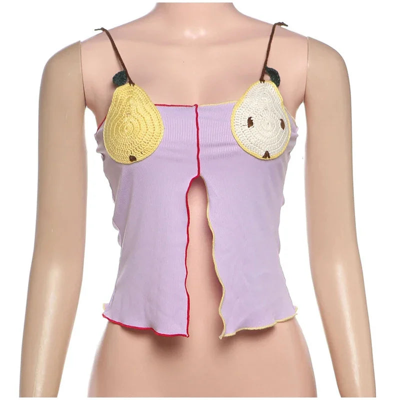 Rib Embroidery Split Tank Top Women Sleeveless Backless Slim Contrast Color Strap Party Vest Summer 2025 Fashion Lady Tops