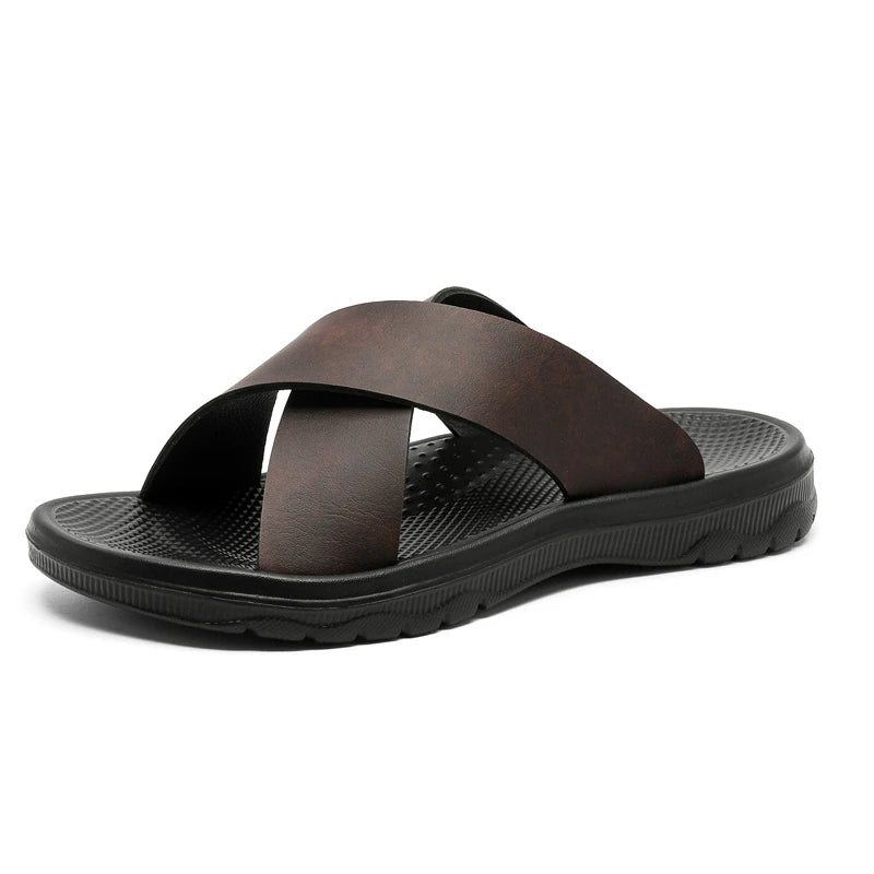 Mens Leather Slippers Comfortable Breathable Summer Big Size Sandals for Men with Soft Sole