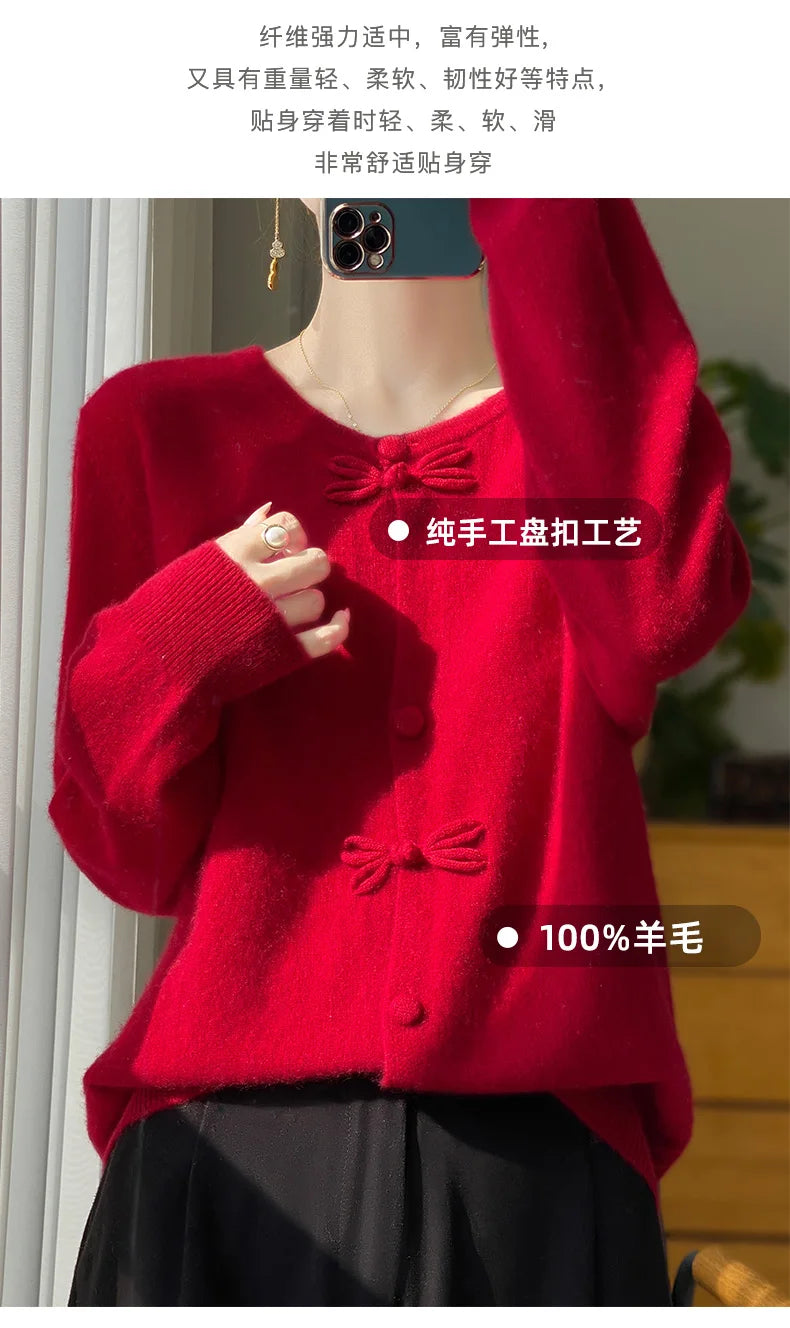 Women New Fashion Autumn Winter 100% Merino Wool Sweater O-neck Chinese Style Buckle Cardigan Soft Knitwear Female Clothing Tops