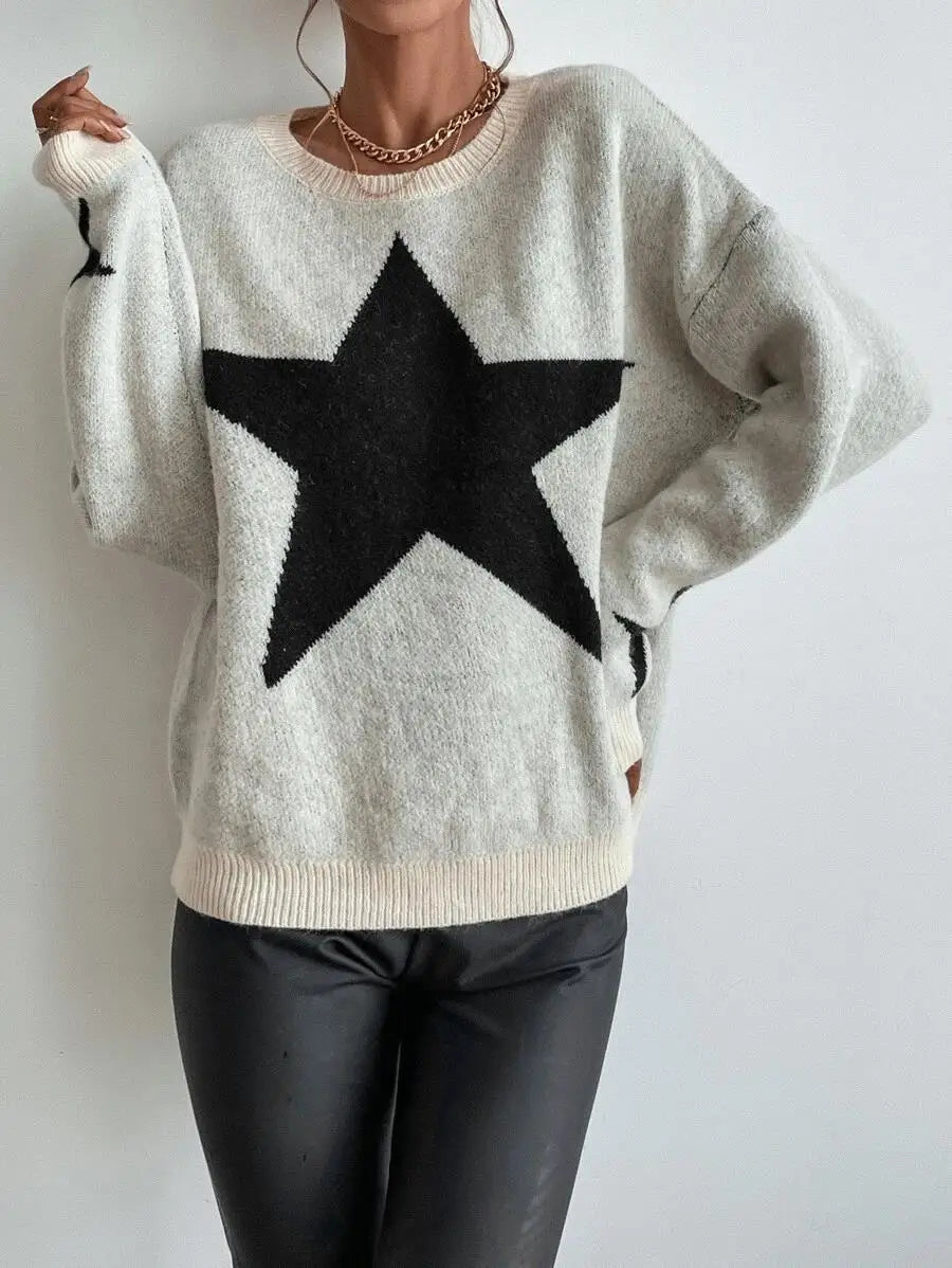 Star Sweater Pullover Women Autumn Spring Simple Knit Elastic Pullovers Jumper Casual Thick Warm Black White Basic Jumpers