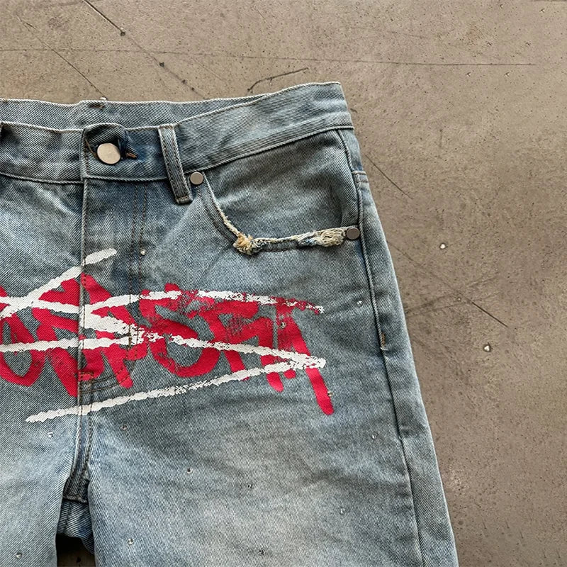 American Fashion Trend Letter Printing Splicing Patches Denim Shorts Y2K Gothic Hip Hop Men Women Punk Vintage Wide Leg Pants