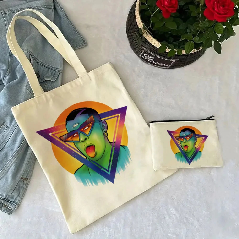 Un Verano Sin Ti Gift Bag Set, Bad Bunny Print Tote Bag, Casual Canvas Shoulder Bag with Mini Storage Bag