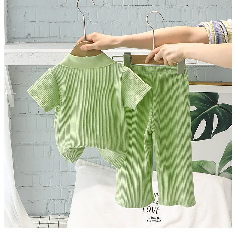 Summer Girls T-Shirt Set Short Sleeve Lapel Pullover Tops Elastic Waist Straight Pants Girl Casual Clothes 2Pcs Suits