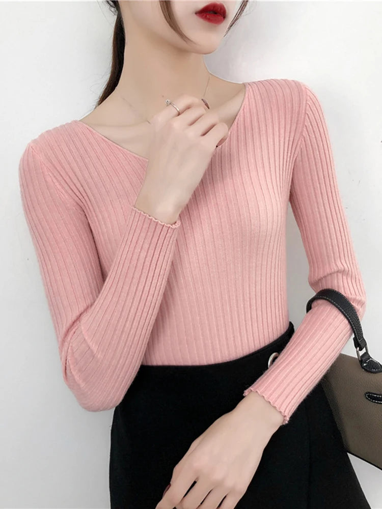 2025 V Neck Women Autumn Winter Sweaters Slim Knitted Pullovers Soft Warm Solid Jumper Female Sweater Casual Knitwear Jersey Top