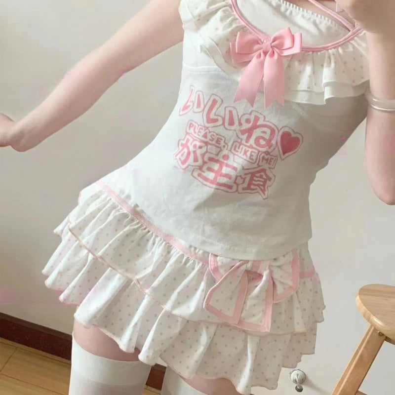 Deeptown Harajuku Y2k Lolita Mini Skirt Women Bow Japanese Style Kawaii Pleated Skirts Sweet Dot Ruffles Cake Layered Skirts