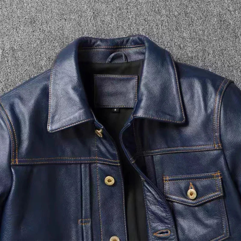 New Navy Blue Top Layer Cowhide Genuine Leather Jacket Men's Short Slim Fit Retro Motorcycle Lapel Casual Jacket Trendy