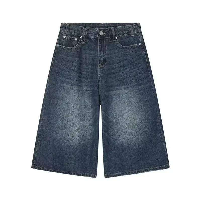 Retro Hong Kong Style Men's Loose Wide Leg Jeans Shorts Hip Hop Style Summer New Slimming Seven-Point Pants Trendy Casual Shorts