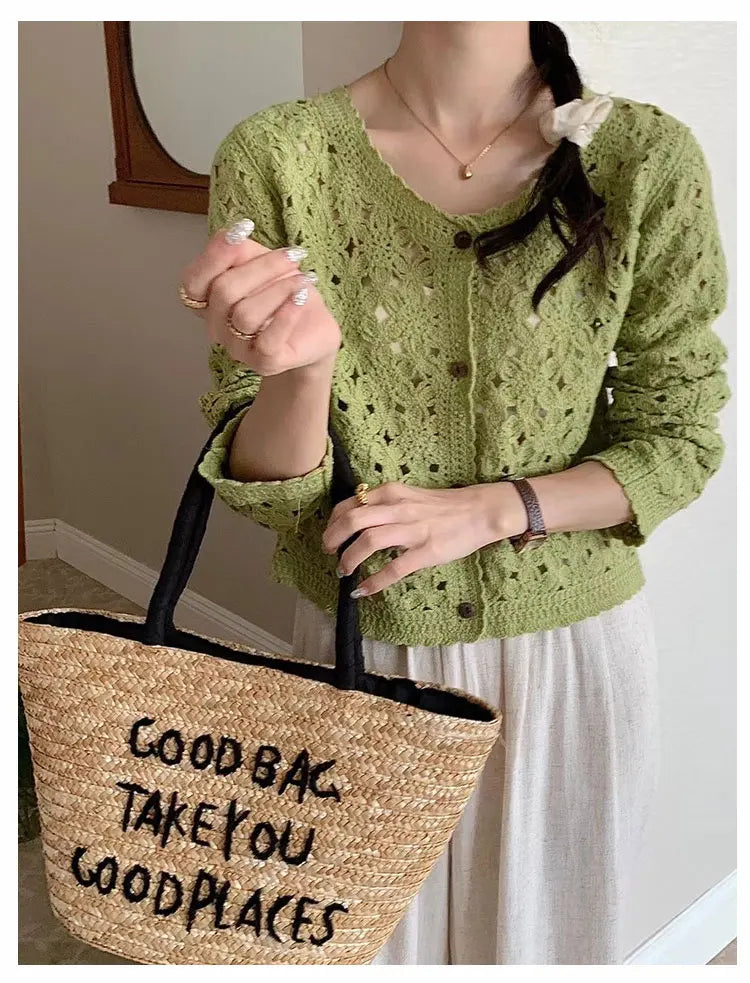 Long Sleeve Crochet Top for Women Sheer Button Up Hollow Out Openwork Knit Cardigan Jacket Spring Summer Boho Vacation Outfit