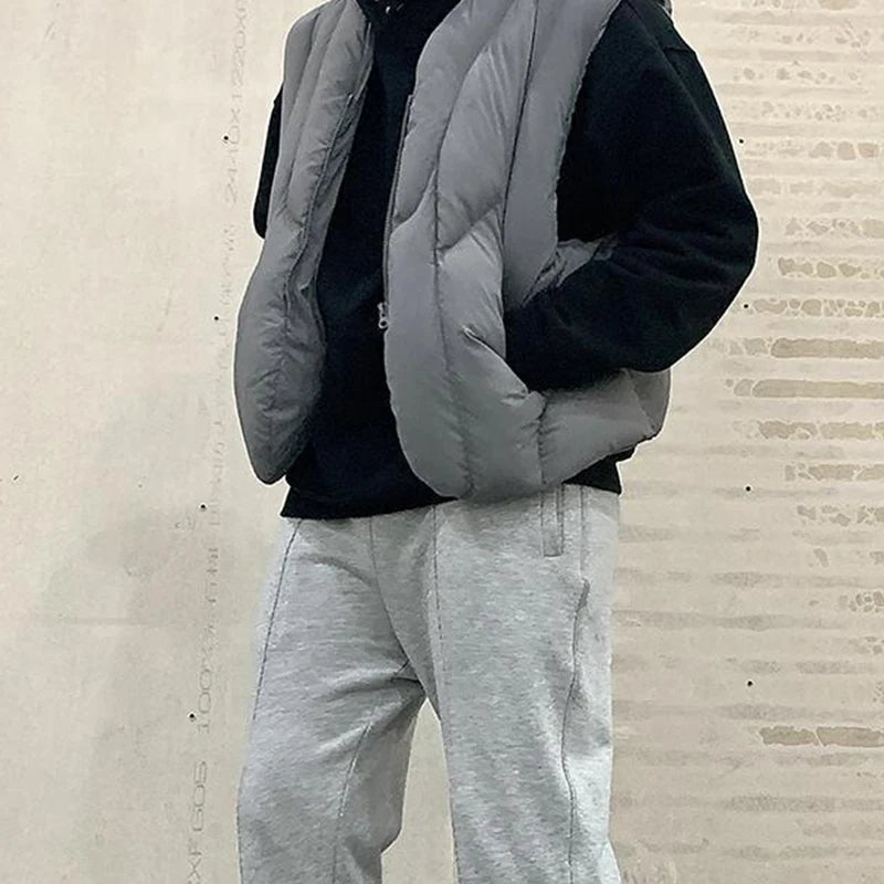 Linear Split Silhouette Autumn Winter Tops for Men Warm Loose High Street Padded Waistcoat Deconstructed Vibe Nylon Zipper Vest