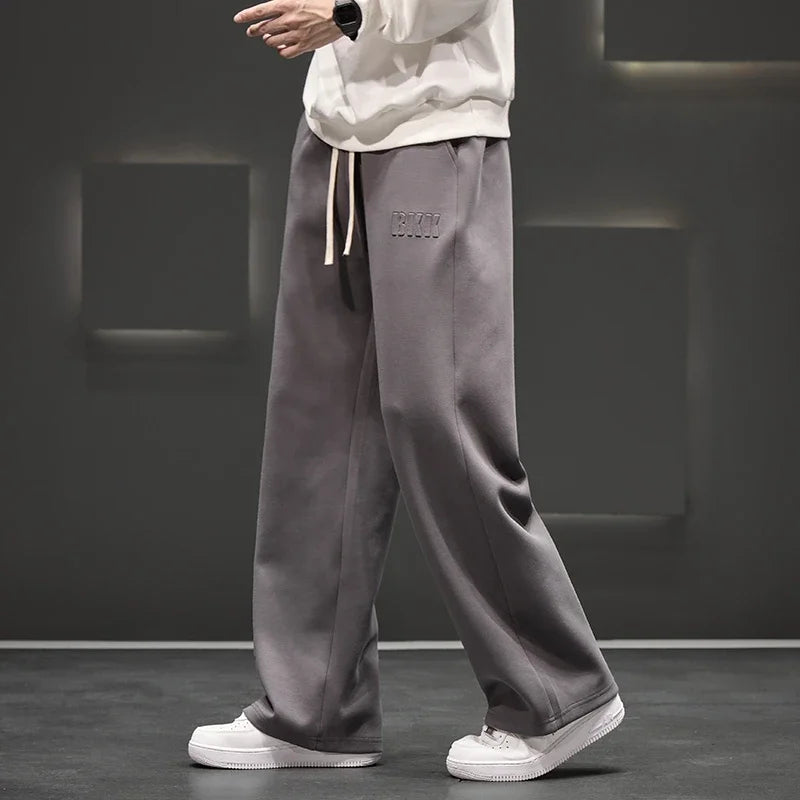 Autumn New Men Knitted Sports Pant Steel Stamp Printing Wide Leg Casual Trousers Straight Solid Lightweight Cotton Fabric Unisex