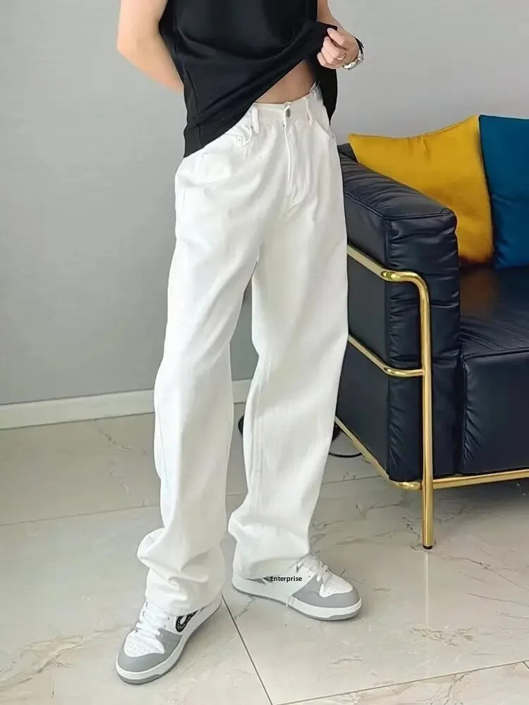 Hong Kong Style White Jeans For Men Casual Loose Fit Trendy Brand Vibe High Street Straight Leg Pants Autumn Season