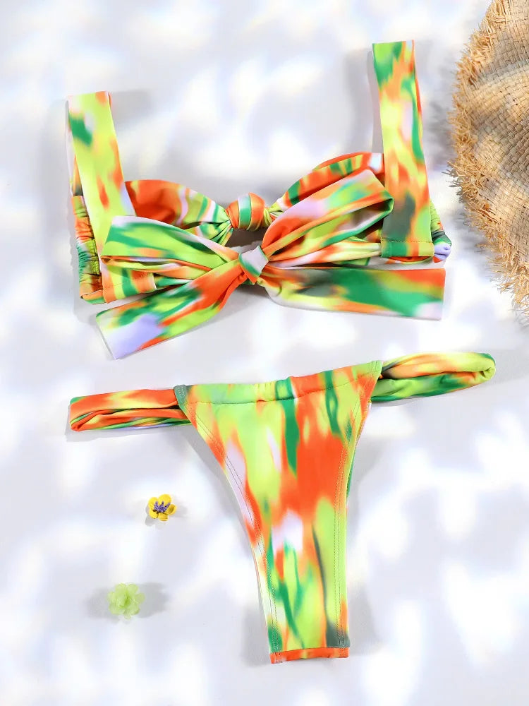 Plaid Print Bikinis Bow Swimwear Women Swimsuit Triangle Bikini Set Bandage Bath Suit Low Waist Thong Beachwear New Biquini