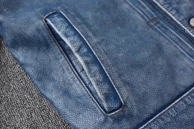 New Navy Blue Top Layer Cowhide Genuine Leather Jacket Men's Short Slim Fit Retro Motorcycle Lapel Casual Jacket Trendy