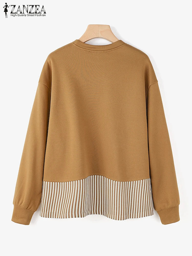 ZANZEA Women Long Sleeve Hoodies 2024 Autumn Fake Two Piece O-Neck Sweatshirt Fashion Loose Stripes Splicing Front Slit Pullover