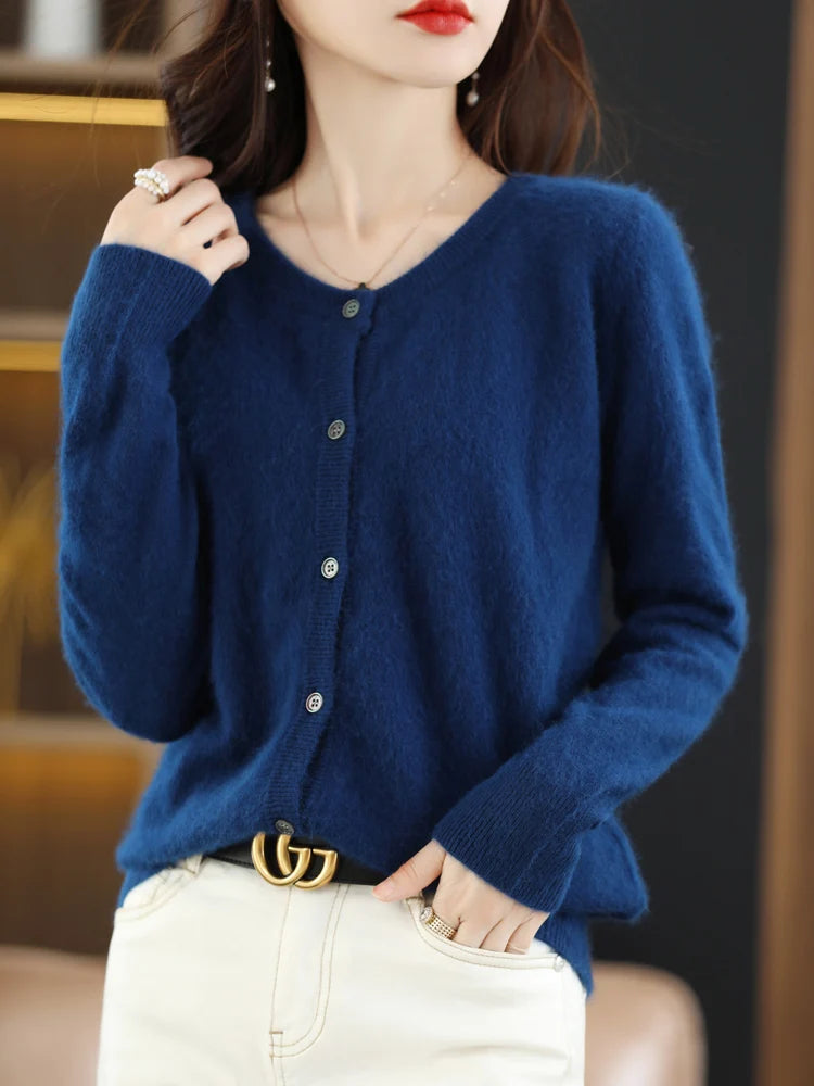 LHZSYY Women Cardigan Super Warm Pure Mink Cashmere Sweaters O-neck Loose Female Sweater Ladies' Solid Color Knit Cardigans