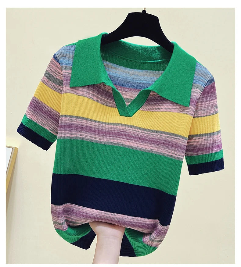 Summer Korean Knitted Tshirt Sweater For Women Rainbow Striped Stylish Fashion Loose Tops Shirt Short Sleeve Knitwear 2023