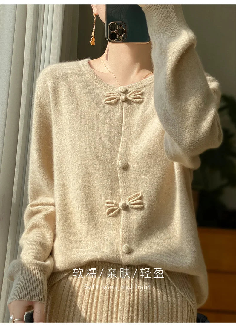 Women New Fashion Autumn Winter 100% Merino Wool Sweater O-neck Chinese Style Buckle Cardigan Soft Knitwear Female Clothing Tops