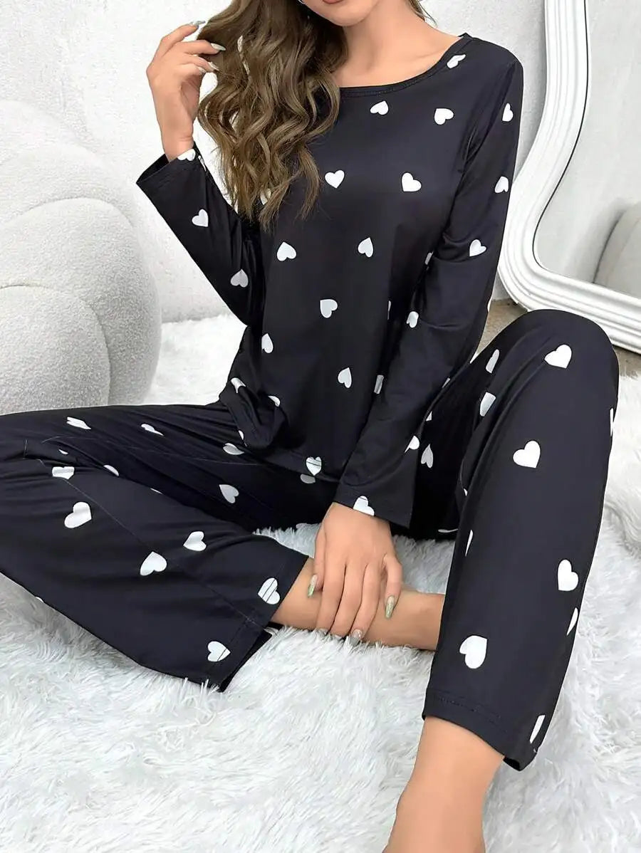 Women's Pajamas Casual Love Print Round Neck Long Sleeve Long Pants Fall and Winter Comfortable Set Girl Sleepwear Homewear