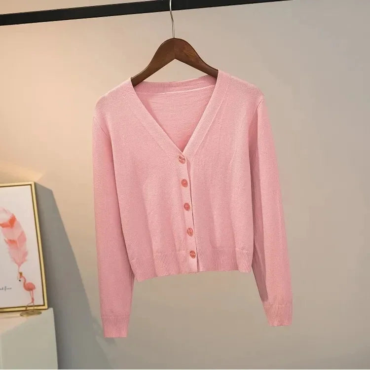 Sweater knitted cardigan button jacket 2024 autumn winter V-neck long sleeve casual short tops for women sweater Grey White