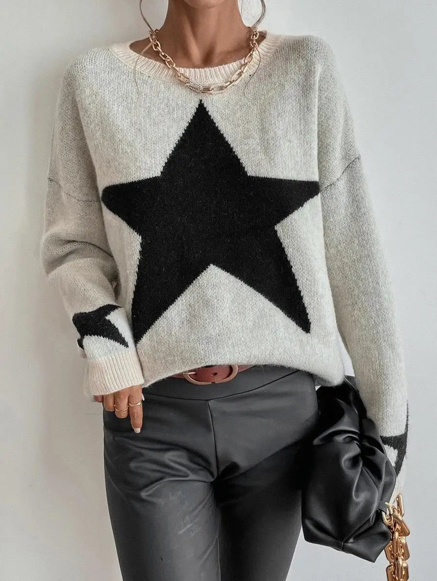 Star Sweater Pullover Women Autumn Spring Simple Knit Elastic Pullovers Jumper Casual Thick Warm Black White Basic Jumpers