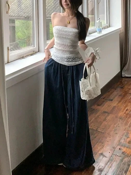 Titi Little Sister Summer French Lace Hollow Splicing White Outerwear Top Strapless Floral Embroidery Hollow out Design