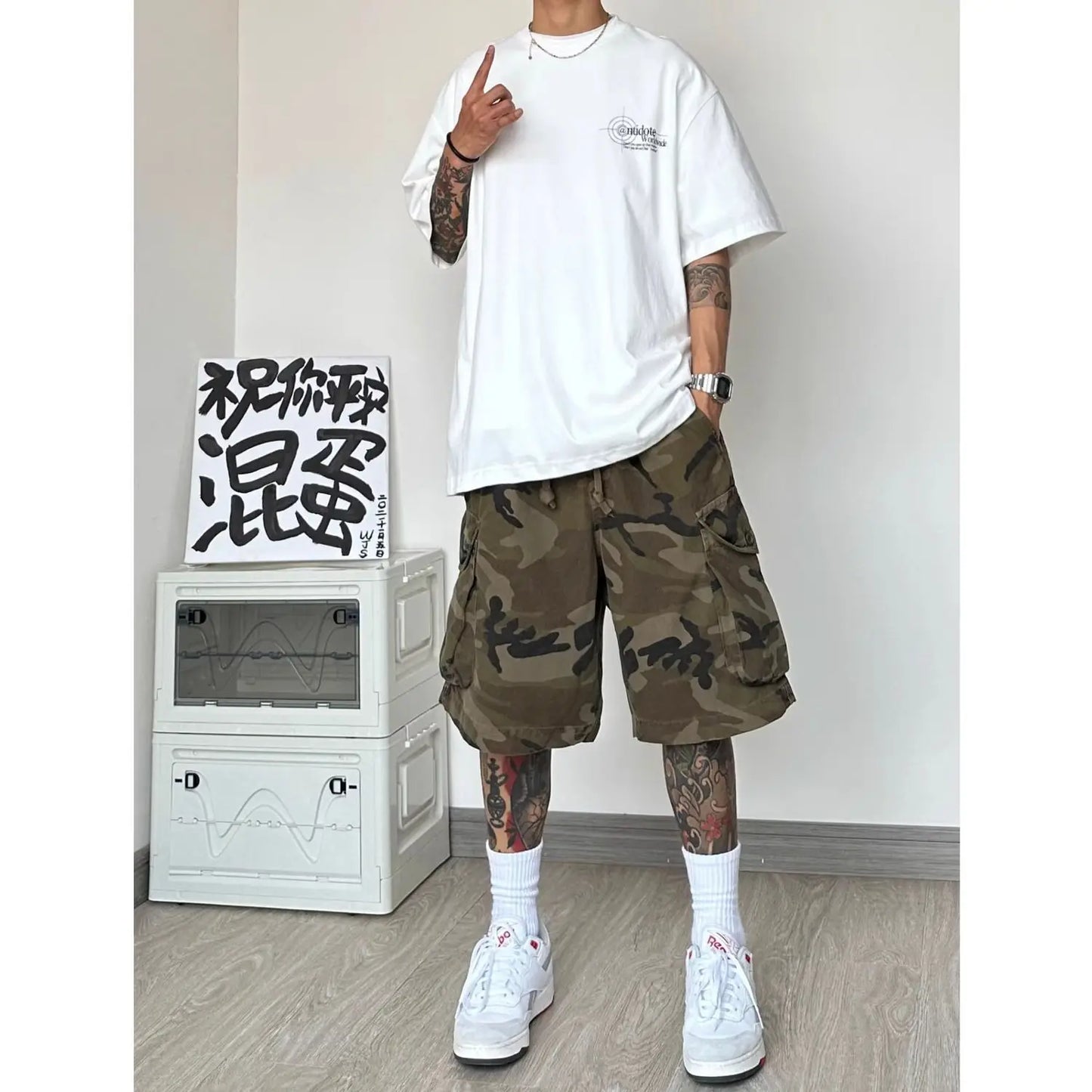 New summer men's shorts retro loose large pockets camouflage work shorts Bermuda hip-hop street casual shorts Men's clothing