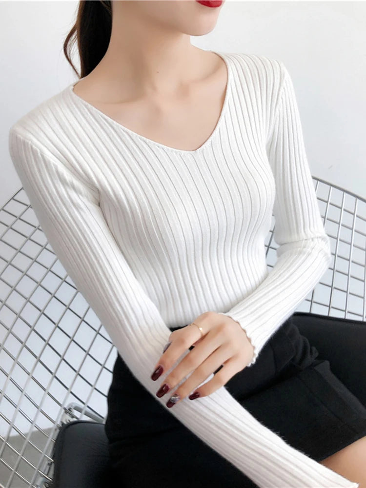2025 V Neck Women Autumn Winter Sweaters Slim Knitted Pullovers Soft Warm Solid Jumper Female Sweater Casual Knitwear Jersey Top