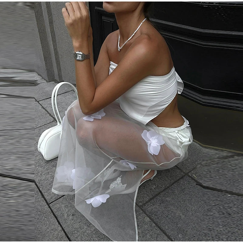 Y2K 3D Floral Gauze Long Skirts For Women 2025 Summer Spring Street See Through High Waist Maxi Skirt Lady Vacation Beach Skirt