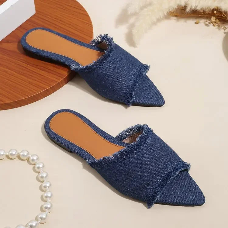 Women Flats Cowboy Slippers Fashion Beach Dress Shoes Summer Femme Pointed Toe Flip Flops New Casual Slides Zapatos Mujer