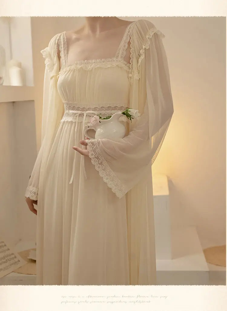 PLUS SIZE 2PCS Robe Set Female Court Style Satin Nightdress Sexy Lace Trim Sleep Suit Home Dress Gown Spaghetti Strap Nightwear