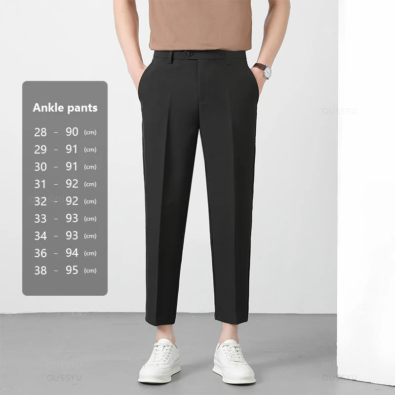 Spring Summer Suit Pants Men Business Smooth Slim Business Office Social Elastic Waist Ankle Length Formal Korean Trousers Male