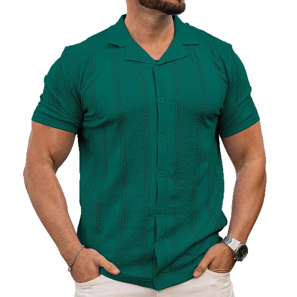 2025 Summer Men's Striped Hollow Solid Color Short Sleeve Knitted POLO Shirt Retro Casual Fashion Trend Simple Loose Men's Tops