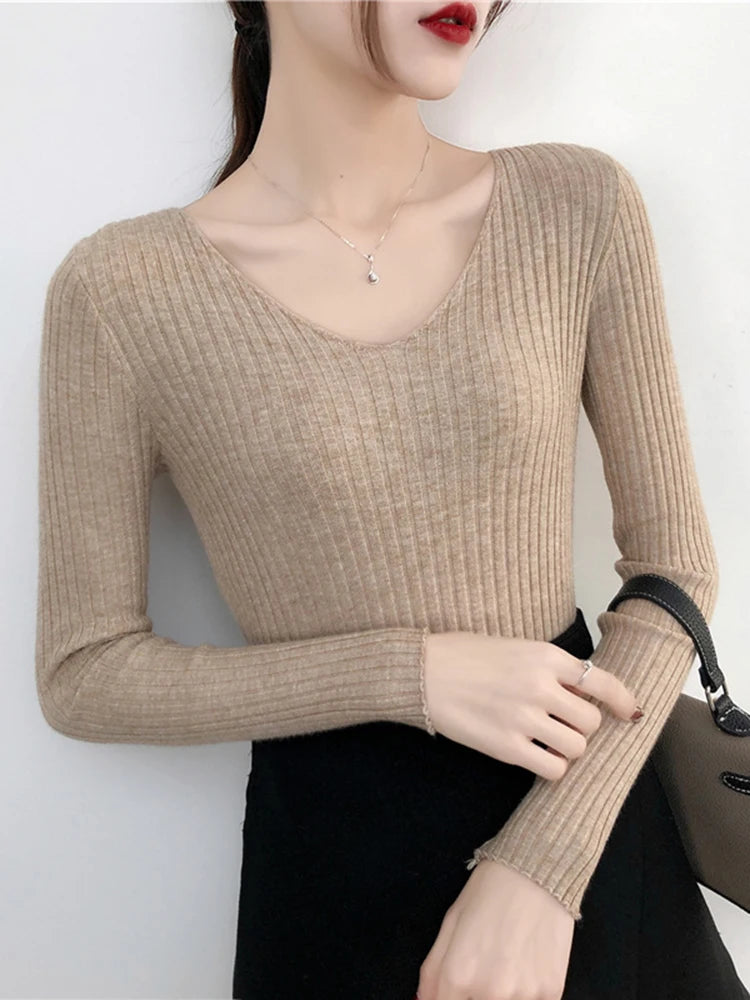 2025 V Neck Women Autumn Winter Sweaters Slim Knitted Pullovers Soft Warm Solid Jumper Female Sweater Casual Knitwear Jersey Top