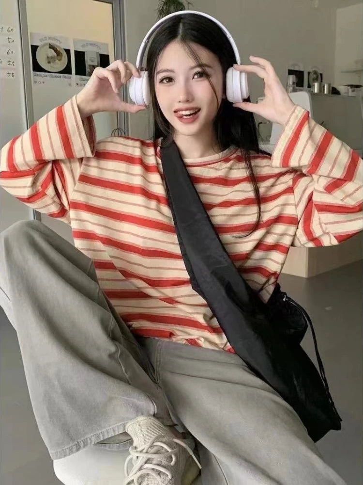 Women Sweatshirt Long Sleeve Y2k women's clothing Anime Hoodies Striped T Shirt Harajuku Streetwear Pullovers Women Tops jackets