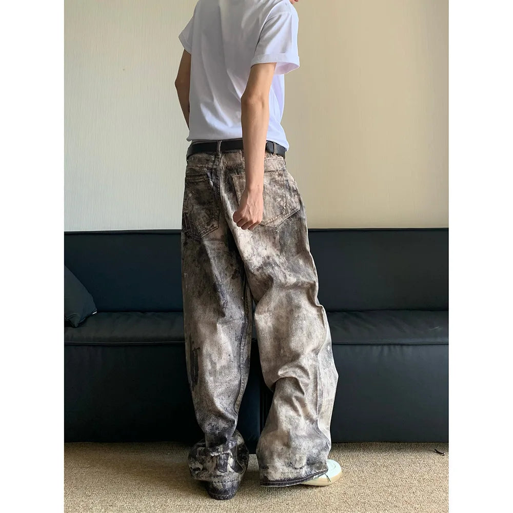 Jeans Men Floor Length Pant Denim Pants Camouflage Print Loose Casual Straight Trousers Pocket Splice Autumn Winter 2024