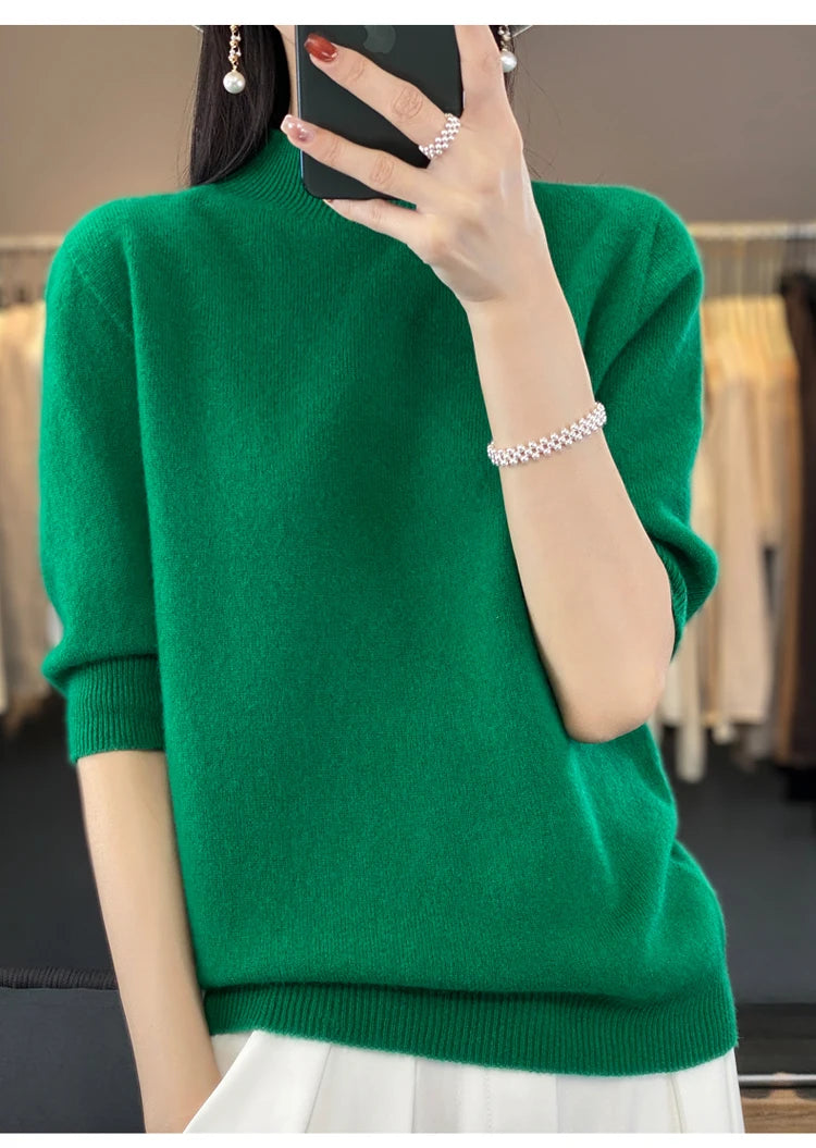 100% pure wool short sleeve summer new women's semi-high neck pullover blouse loose knit vest fashion T-shirt