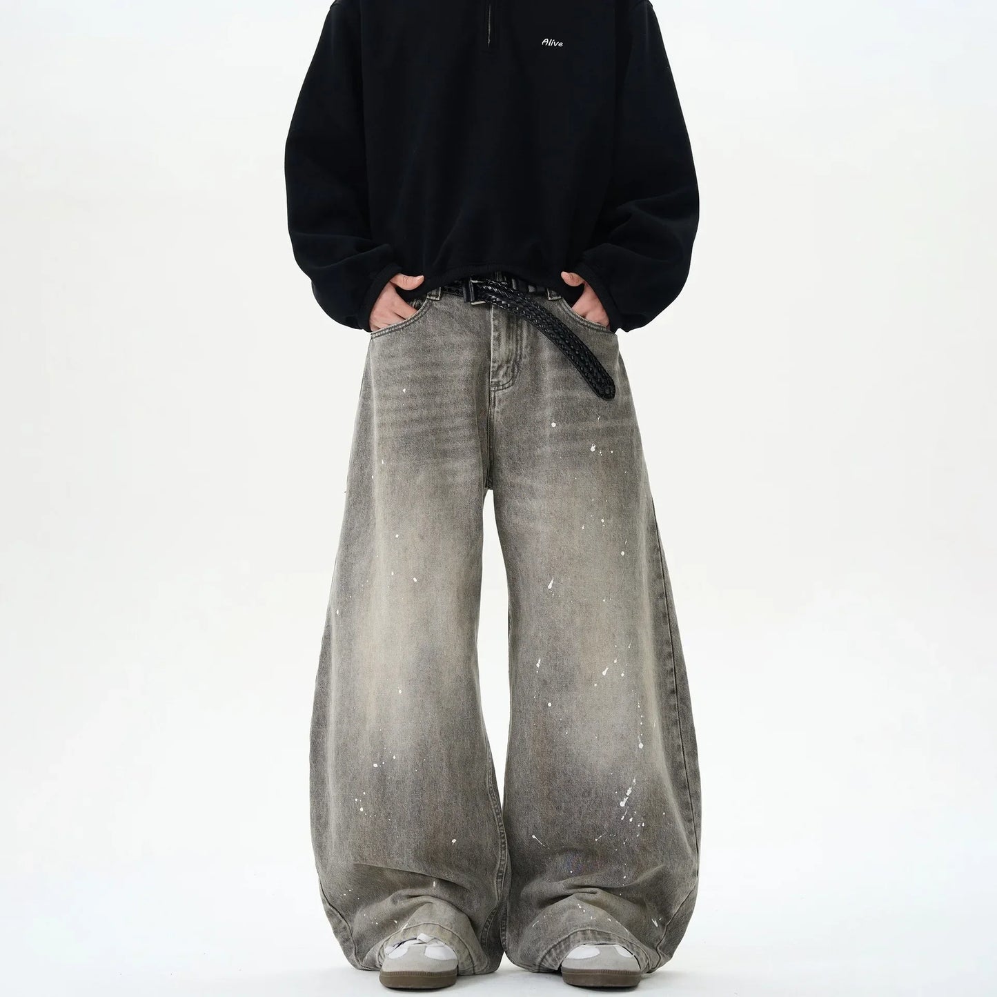 Retro American Washed Grey Splatter Ink Wide Leg Loose Jeans Men's Brand Street Style Loose Trousers Casual Straight Cut