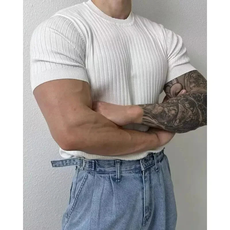 Summer New Light Maturity Knitted Polo Shirt Men's Korean Style Slim Fit Collar Pure Color Casual T-Shirt Cross-Border