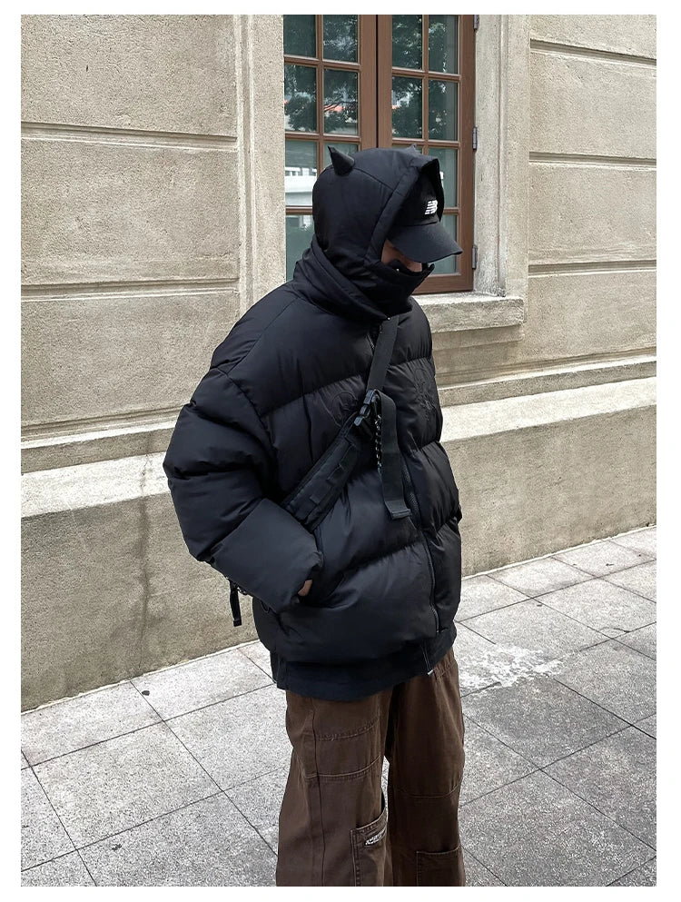 Cotton-Padded Hip Hop Parkas Men Devil Horns Winter Hooded Down Jacket Retro Y2K Thicken Puffer High Street Loose Bubbles Coats
