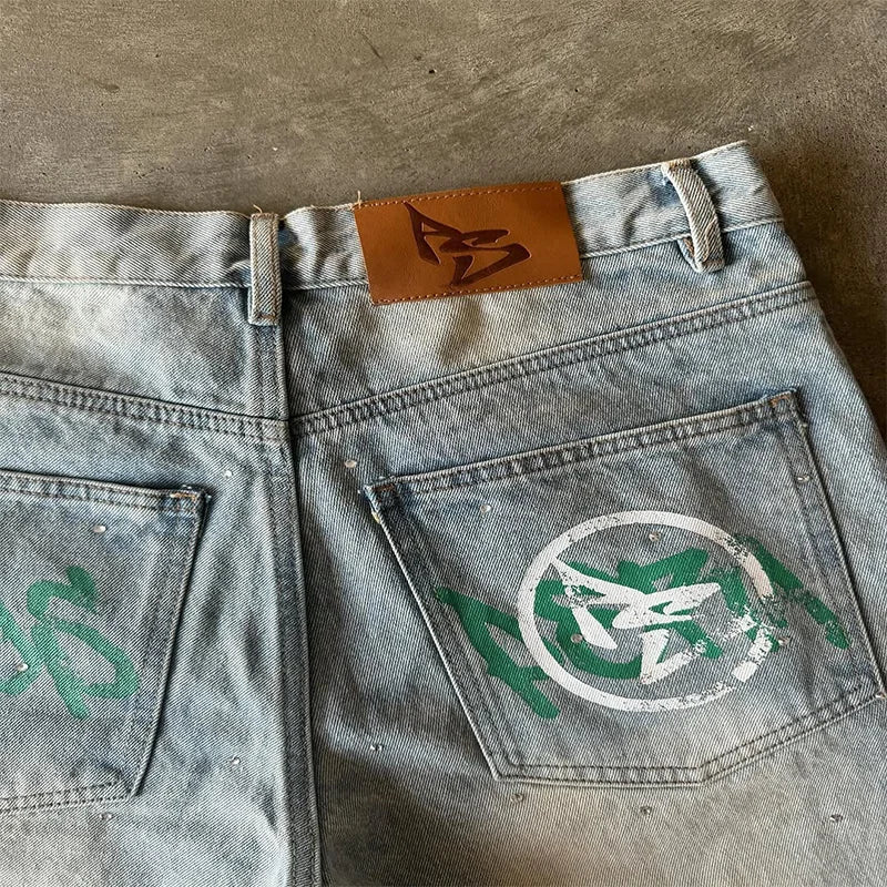 American Fashion Trend Letter Printing Splicing Patches Denim Shorts Y2K Gothic Hip Hop Men Women Punk Vintage Wide Leg Pants