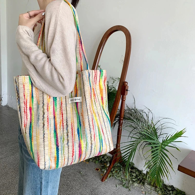 JIOMAY Handbags for Women 2024 Designer Beach Bag Casual with Buckle Cute Tote Bags Stripes Shopper Rainbow Canvas Shoulder Bag