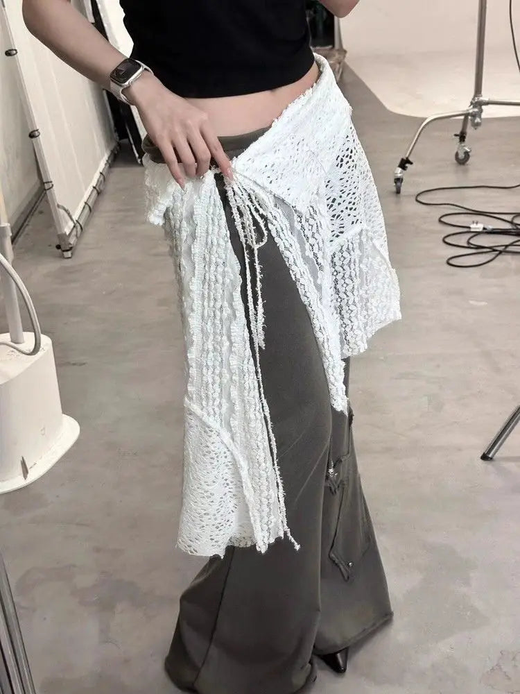 Summer Hollow Out Sweet Fairy Glitter Women's Skirts Harajuku Lace Split Bandage Skirt Vintage Y2k Aesthetic Casual Mujer Falda