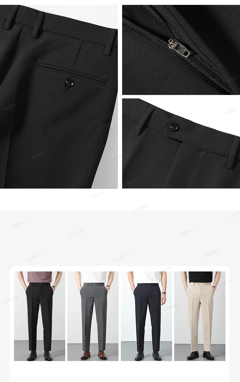 Spring Summer Suit Pants Men Business Smooth Slim Business Office Social Elastic Waist Ankle Length Formal Korean Trousers Male